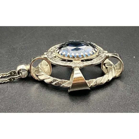 Vintage Blue Glass Pendant Necklace Faceted Silver Tone Dog Tooth Ornate Setting - Picture 4 of 9
